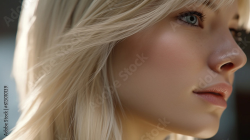 caucasian blonde 20s 30s, close-up, side view, outdoors, fictional location