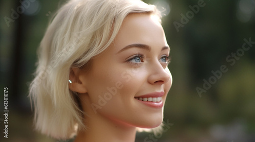 caucasian blonde 20s 30s  close-up  side view  outdoors  fictional location