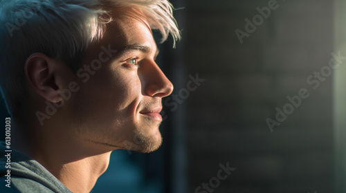 Young adult man or teenage boy  caucasian  blond colored short hair hairstyle  close-up  side view  outdoors  fictional location