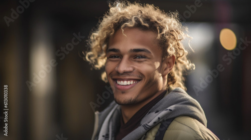 Young adult man, caucasian, blond colored short hair hairstyle, close-up, side view, outdoors, fictional location