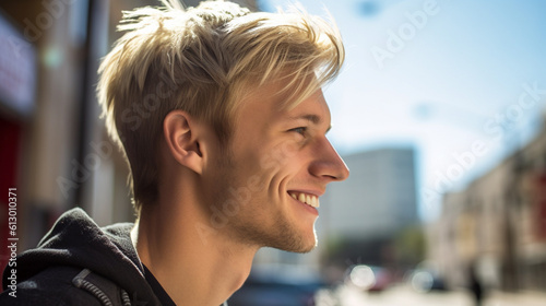 Young adult man or teenage boy, caucasian, blond colored short hair hairstyle, close-up, side view, outdoors, fictional location