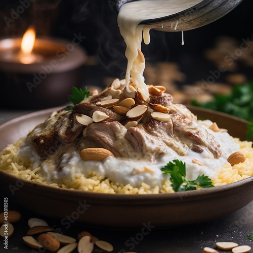 Close-Up Shot of Jordanian Mansaf with Rice and Garnish photo