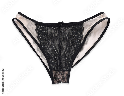 Elegant black women's underwear isolated on white, top view