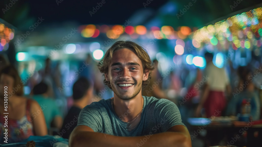 young caucasian man sits on a typical thai plastic chair with a small table, food from the food market, night market in the evening, typical local small street restaurants, beaming happily