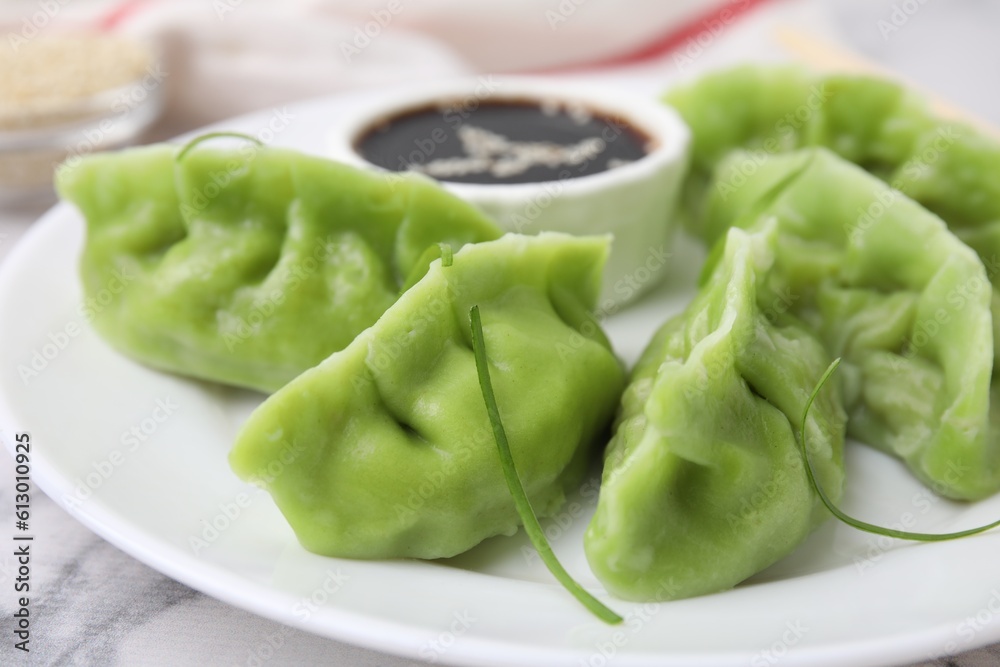 Delicious green dumplings (gyozas) and soy sauce on white marble table, closeup Delicious green dumplings (gyozas) and soy sauce on white marble table, closeup