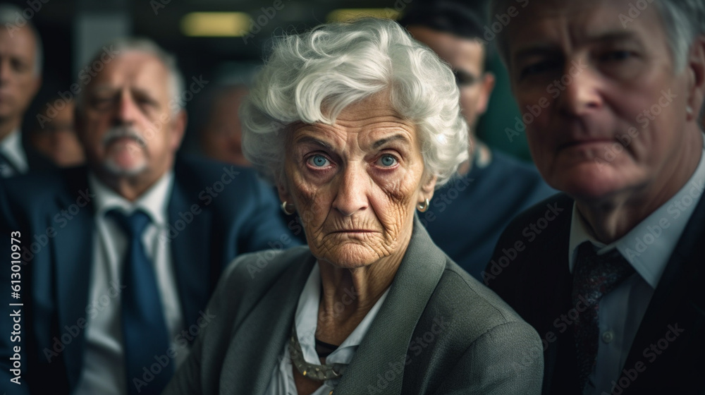 elderly grumpy woman with short hairstyle and gray hair, in coat and suit, group or team, bad mood or bad people, business and career elderly grumpy woman with short hairstyle and gray hair, in coat and suit, group or team, bad mood or bad people, business and career