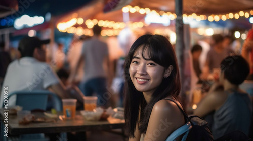 young asian thai woman sits on a typical thai plastic chair with a small table  food from the food market  night market in the evening  typical local small street restaurants  beaming happily