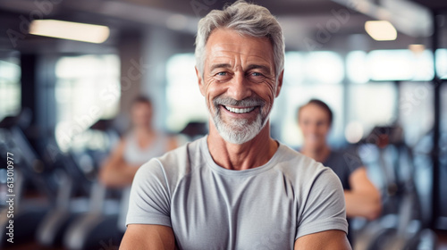 middle aged elderly man, gray hair, muscular and fit, healthy lifestyle and sport and fitness in gym, smiling and having fun and joy in retirement age leisure time