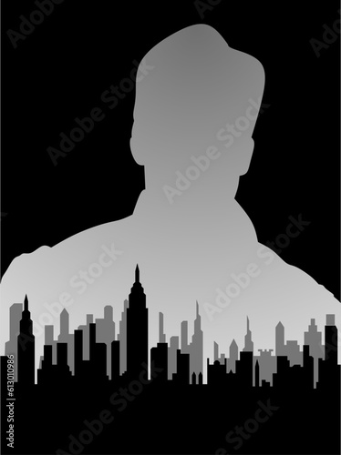 Black and white movie poster with double exposure effect