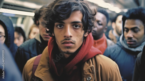a young adult man on a subway or train in tunnel, crowded train, public transport, indian or multiracial, tanned dark skin tone, black hair, short beard, crowd on train, standing, no free seat