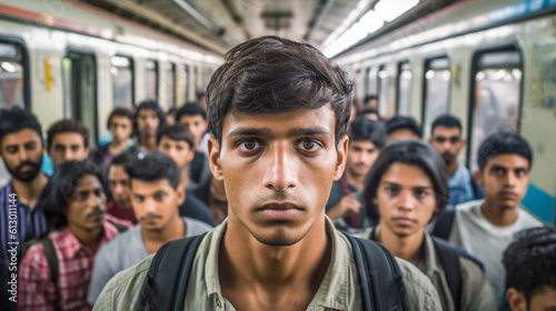 a young adult man on a subway or train in tunnel, crowded train, public transport, indian or multiracial, tanned dark skin tone, black hair, short beard, crowd on train, standing, no free seat