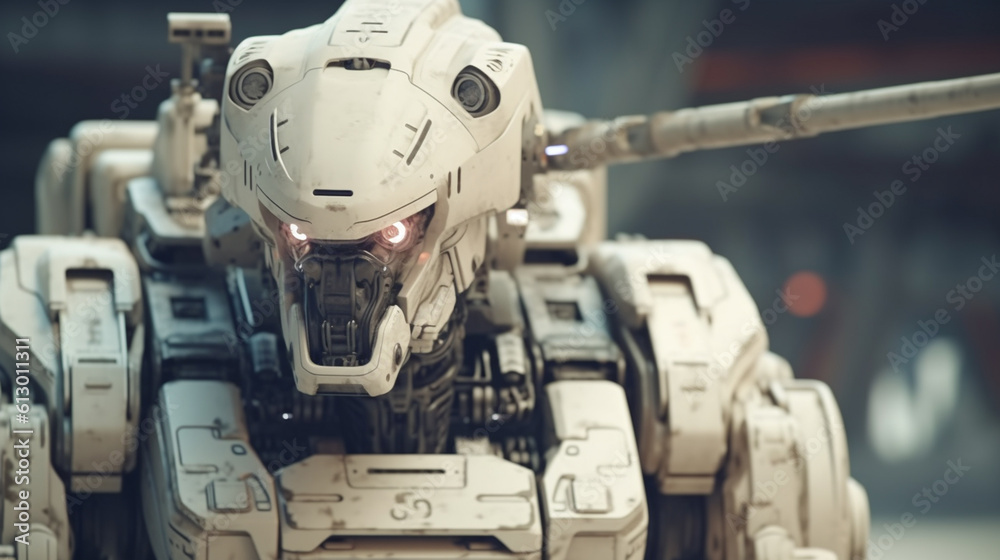 a modern futuristic soldier robot, autonomous warfare, autonomous weapon, artificial intelligence or AGI at war, armored soldier at war, white combat suit, machine gun