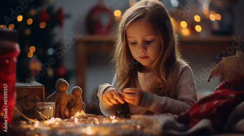 a toddler, kid girl, at home, living room on christmas eve or christmas morning, christmas tree, waiting for santa claus or christmas presents, caucasian child