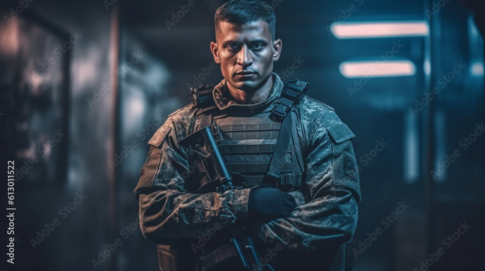 a young adult soldier with folded arms, fictional army, in uniform, nervous, machine gun, in dark room, underground or without windows, fictional location