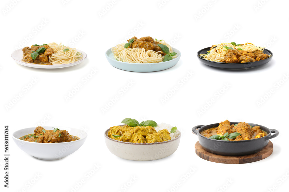 Set of delicious curry dishes on white background Set of delicious curry dishes on white background