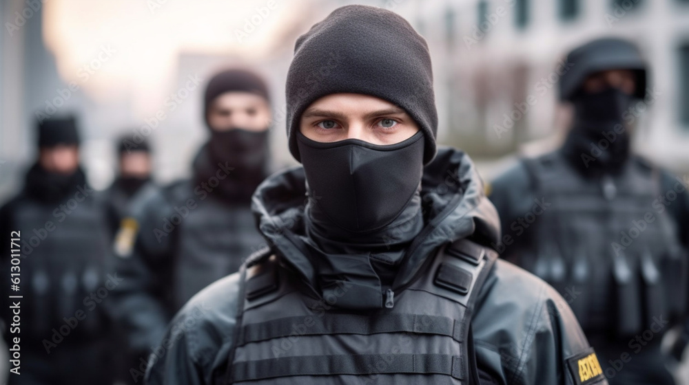 a soldier with a helmet, hooded, masked, in uniform with a bulletproof vest, special unit of the police or federal police or soldier of an army, fictitious place a soldier with a helmet, hooded, masked, in uniform with a bulletproof vest, special unit of the police or federal police or soldier of an army, fictitious place
