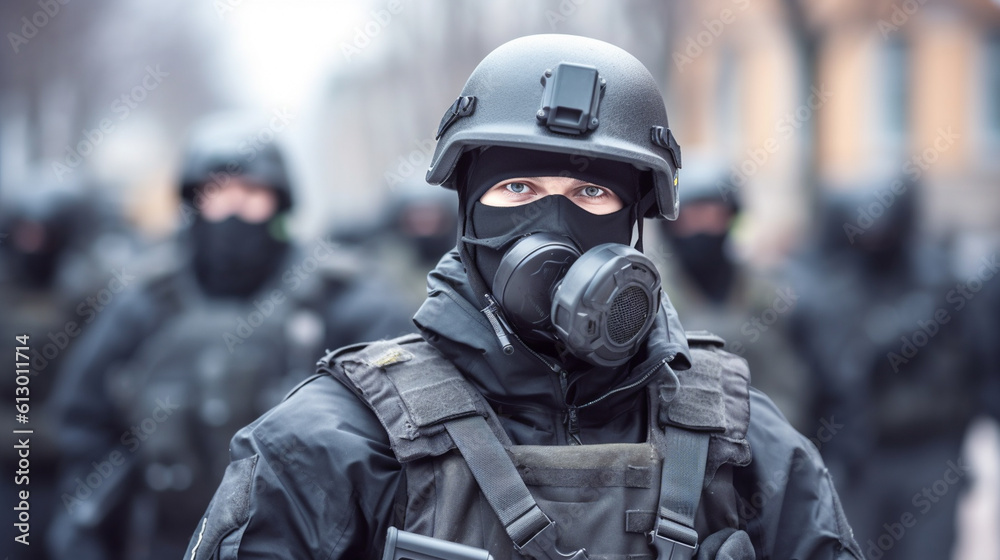 a soldier with a helmet and gas mask, hooded, in uniform with a bulletproof vest, special unit of the police or federal police or soldier of an army, fictitious place a soldier with a helmet and gas mask, hooded, in uniform with a bulletproof vest, special unit of the police or federal police or soldier of an army, fictitious place