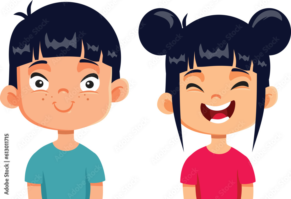 Happy Kids of Asian Ethnicity Smiling Together Vector Cartoon Illustration. Cute adorable siblings joking and laughing
Happy Kids of Asian Ethnicity Smiling Together Vector Cartoon Illustration. Cute adorable siblings joking and laughing