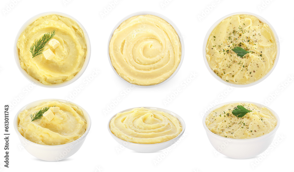Collage with mashed potato in bowls on white background, top and side views Collage with mashed potato in bowls on white background, top and side views