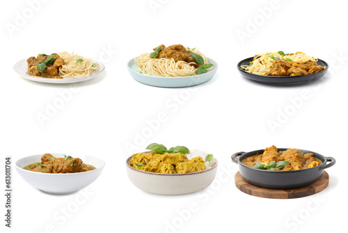 Set of delicious curry dishes on white background