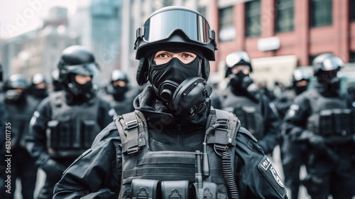 a soldier with a helmet and gas mask, hooded, in uniform with a bulletproof vest, special unit of the police or federal police or soldier of an army, fictitious place photo