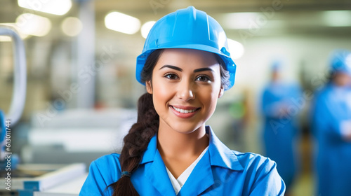 young adult woman works in a workshop, stands in front of machines, factory worker. brunette, smiling, teenage girl