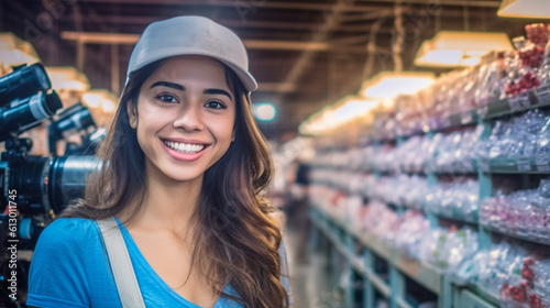 young adult woman works in a workshop, stands in front of machines, factory worker. brunette, smiling, teenage girl