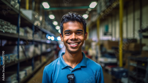 teenager boy or young adult man works in a workshop, factory worker, smiling © wetzkaz