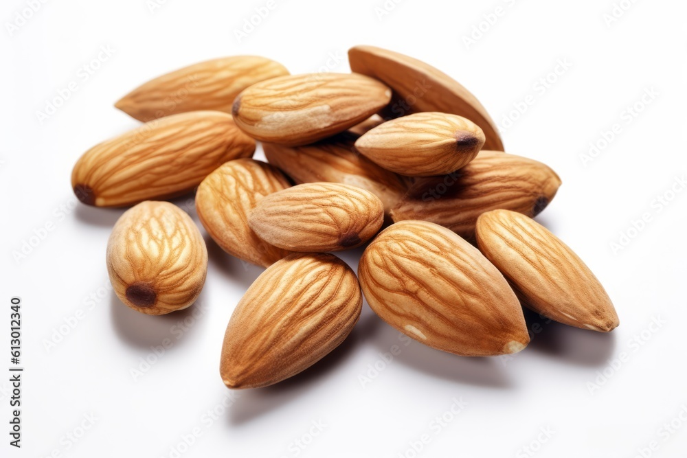 A bunch of loose fresh almonds on a white background with shadows. are photographed closely. Generated Ai A bunch of loose fresh almonds on a white background with shadows. are photographed closely. Generated Ai