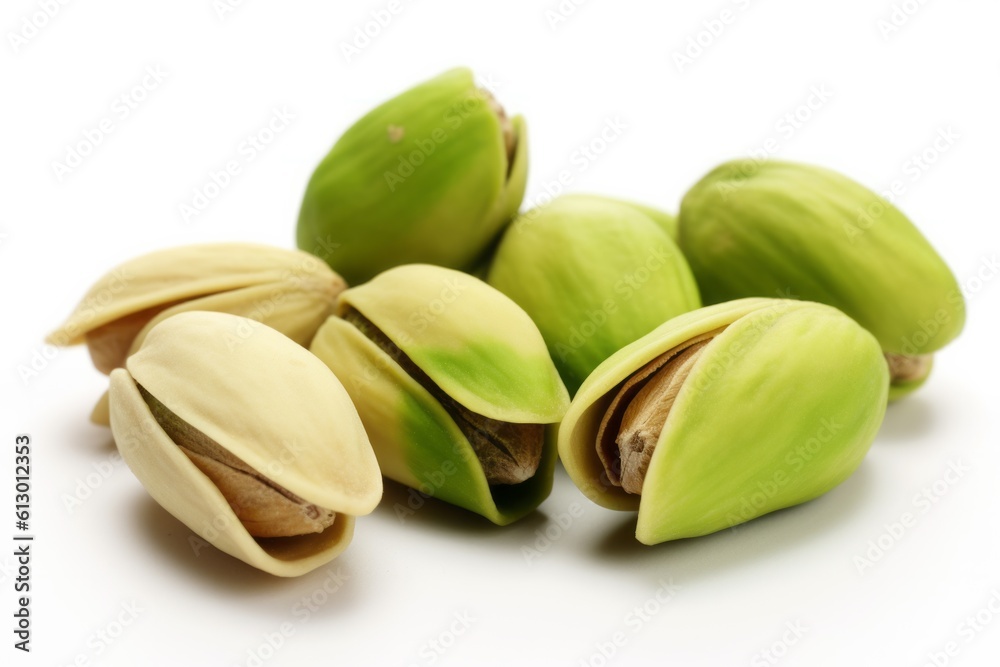 A bunch of green and ripe pistachios loosely around each other on a white background. Generated Ai. A bunch of green and ripe pistachios loosely around each other on a white background. Generated Ai.