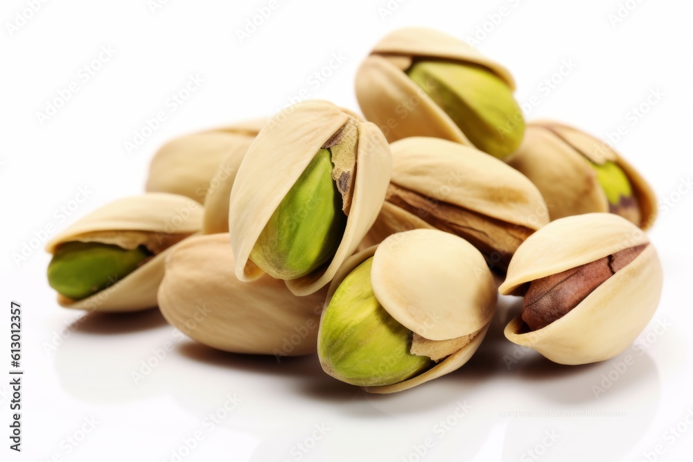 A bunch of pistachios loosely gathered on a white background are photographed closely. Generated Ai A bunch of pistachios loosely gathered on a white background are photographed closely. Generated Ai