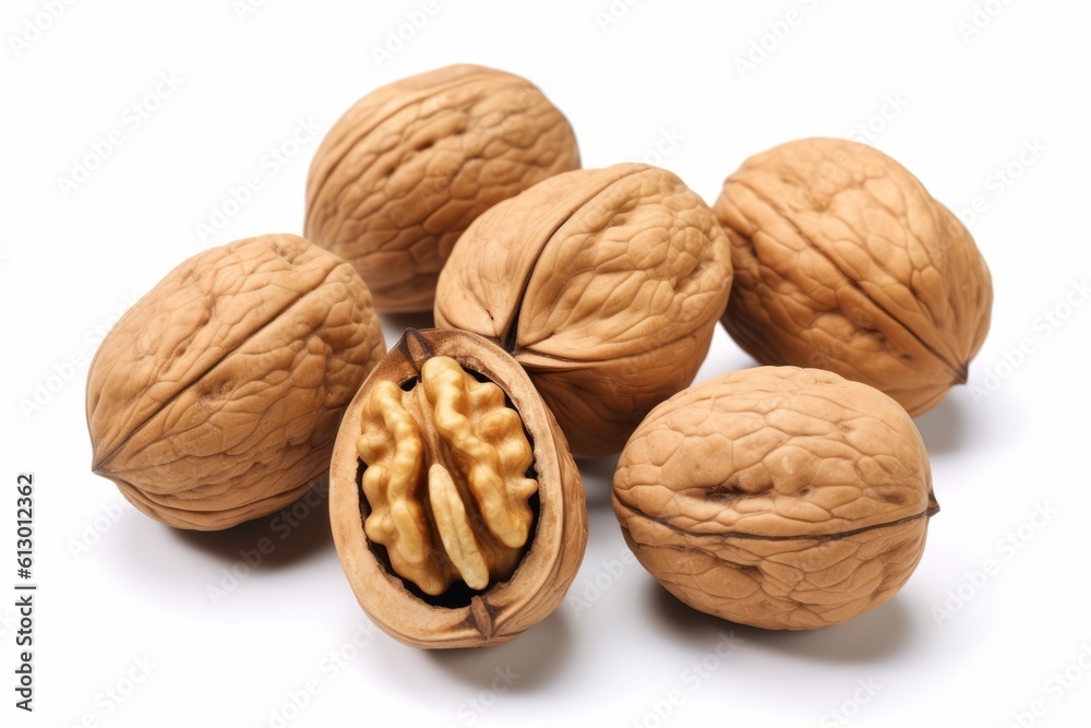A bunch of loose and stacked walnuts with some cracked open on a white background with shadows. are photographed closely. Generated Ai. A bunch of loose and stacked walnuts with some cracked open on a white background with shadows. are photographed closely. Generated Ai.