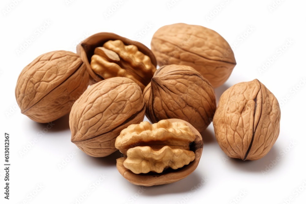 A bunch of loose and stacked walnuts with some cracked open on a white background with shadows. are photographed closely. Generated Ai. A bunch of loose and stacked walnuts with some cracked open on a white background with shadows. are photographed closely. Generated Ai.