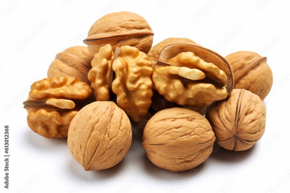 A bunch of loose and stacked walnuts with some cracked open on a white background with shadows. are photographed closely. Generated Ai. A bunch of loose and stacked walnuts with some cracked open on a white background with shadows. are photographed closely. Generated Ai.