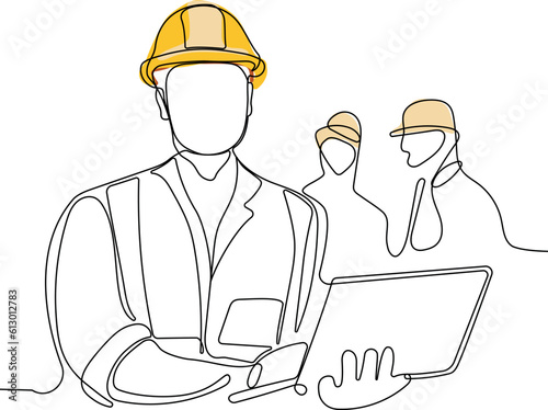 Close up of Caucasian worker with helmet on head using tablet for work while standing in warehouse. Surveyor with a tripod icon. Geodesic tripod. Vector illustration