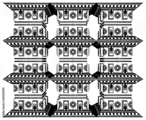Antique Pillar Vector. Three Pillars In Wall Column. Illustration Isolated On White Background. Classic Pylon Pillar Texture Pattern Background.