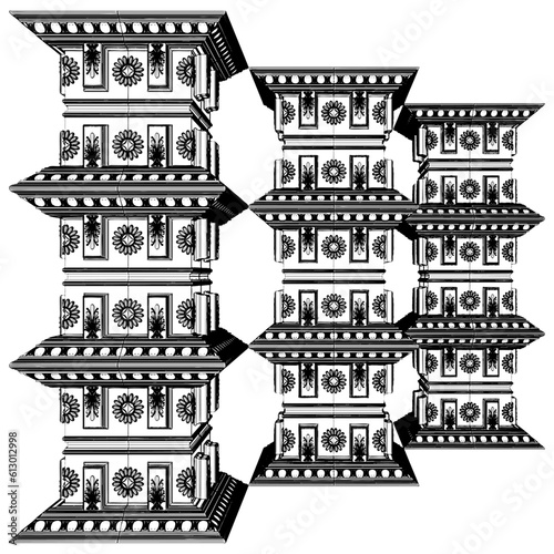Antique Pillar Vector. Three Pillars In Row Wall Column. Illustration Isolated On White Background. Classic Pylon Pillar Texture Pattern Background.