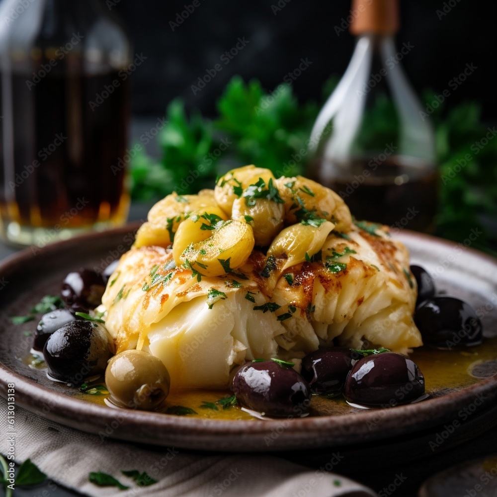 Close-up of Portuguese Bacalhau with Potatoes and Olives Close-up of Portuguese Bacalhau with Potatoes and Olives