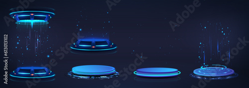 Hi-tech circle portals, holograms, teleports, podium, stage. 3D futuristic podiums in cyberpunk style for show product. Sci-fi digital tech. 3D holograms in futuristic style. Beam frame, light ray.