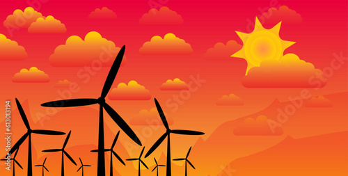 ILLUSTRATION WINDMILLS LATE AFTERNOON LANDSCAPE