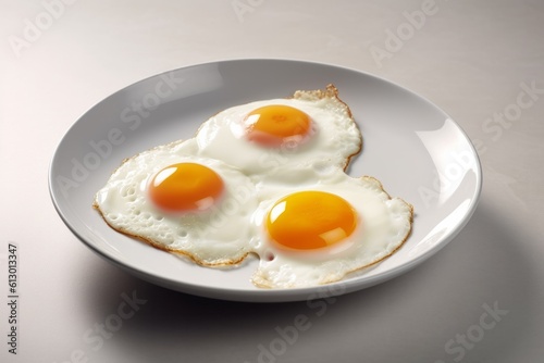 Perfectly fried eggs with crispy edges and served on a plate ready to eat. Photographed closely. Generated AI.