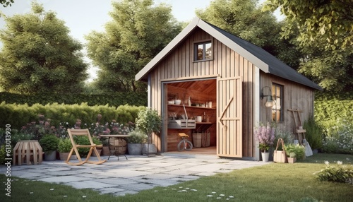 Obraz na płótnie Wooden shed in the garden, Generative AI