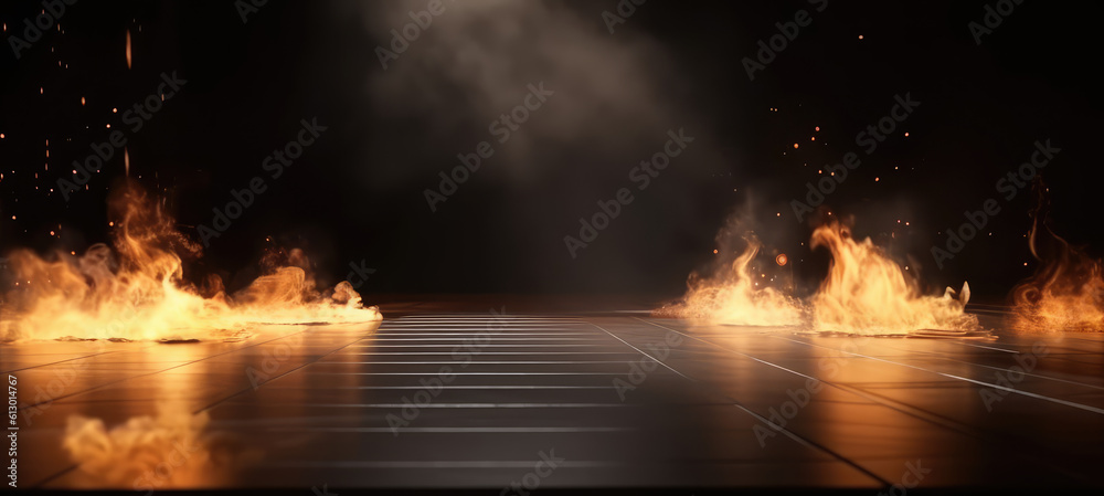Empty dark scene, the orange red flame is burning with smoke float up the interior texture for display products, music concert. Fire stage with spotlights shine on floor in dark room. Generative Ai