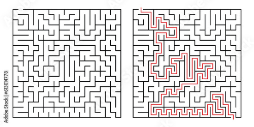Abstract labyrinth for kids and adult on white background. Vector illustration with black square maze. Labyrinth with entry and exit 9.	