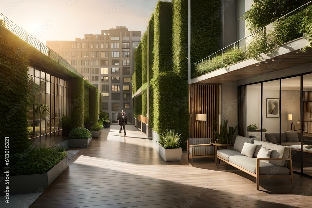 a scene of townhouses nestled in a bustling cityscape, capturing the energy and vibrancy of urban life right at the doorstep - Generative AI Technology