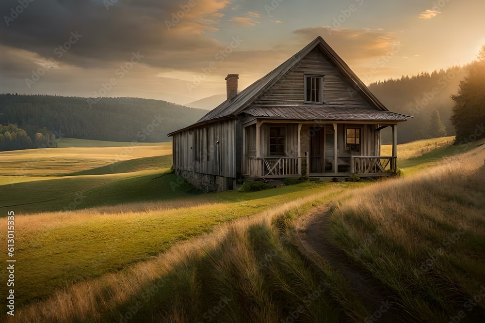 an image of a quaint farmhouse with a weathered exterior - Generative AI Technology an image of a quaint farmhouse with a weathered exterior - Generative AI Technology