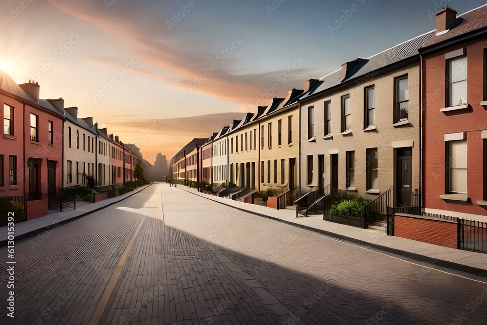a scene of townhouses nestled in a bustling cityscape, capturing the energy and vibrancy of urban life right at the doorstep.