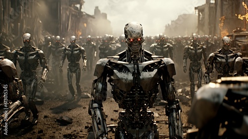 army of humanoid robots marching across a war-torn landscape