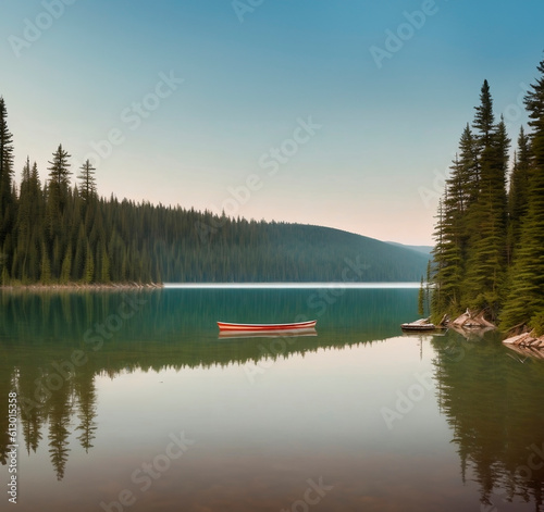 Boat in a beautiful lake surrounded by the forest, spectacular scenery.