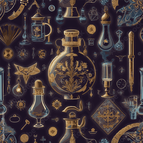 Alchemy seamless pattern. Abstract background with hand-drawn sketches, ancient alchemical symbols. Mystical esoteric background for design of fabric, packaging, astrology, phone case, wrapping paper
